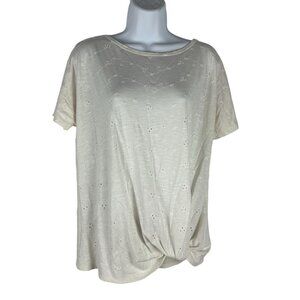 Maurices 24/7 Women's M Ivory Eyelet Detail Knot Front Short Sleeve Top